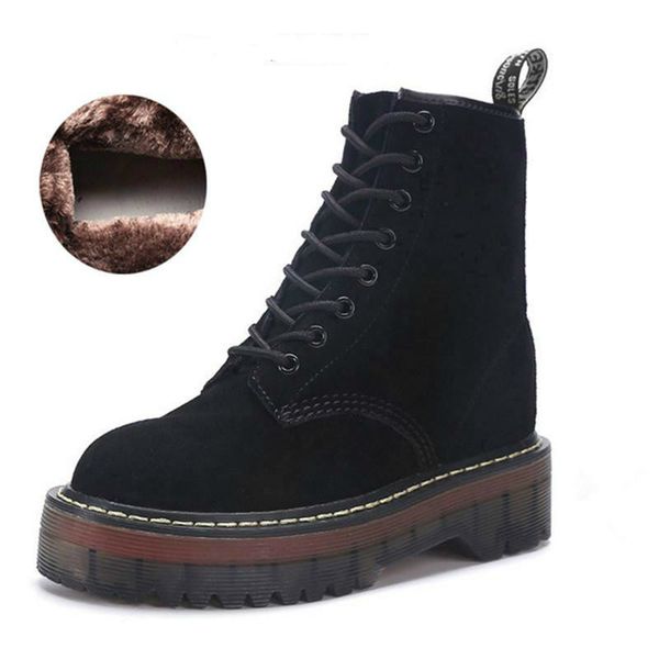 

motorcycle platform boots women wedge shoes autumn winter fur fashion round toe lace-up genuine leather boots ladies shoes t200104, Black