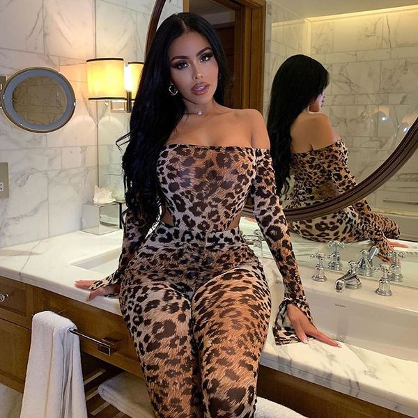 

europe 2020 autumn and winter women's new one-shoulder long-sleeved leopard print jumpsuit two-piece suit, White