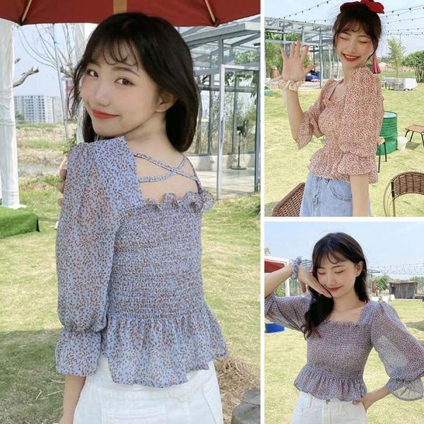 

women fashion floral print square collar shirt short sleeve casual, White