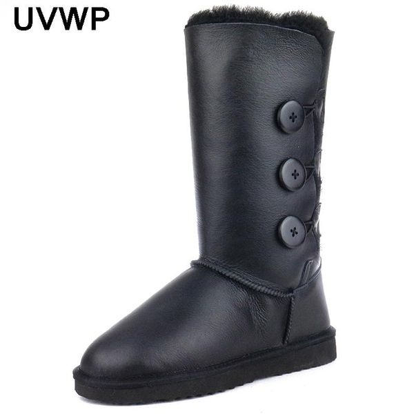 

fashion snow boots women boots 100% sheepskin leather long natural fur warm wool winter waterproof non-slip shoes, Black