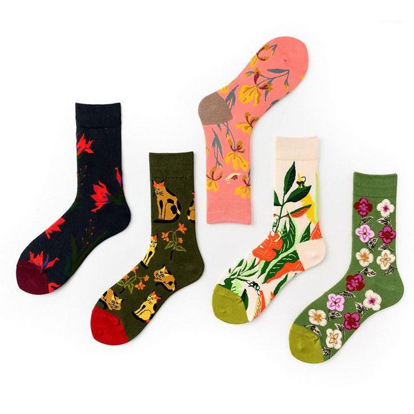 

quality happy funny socks combed cotton literary hip-hop sock crew casual flower cat leaves men compression socks1, Black