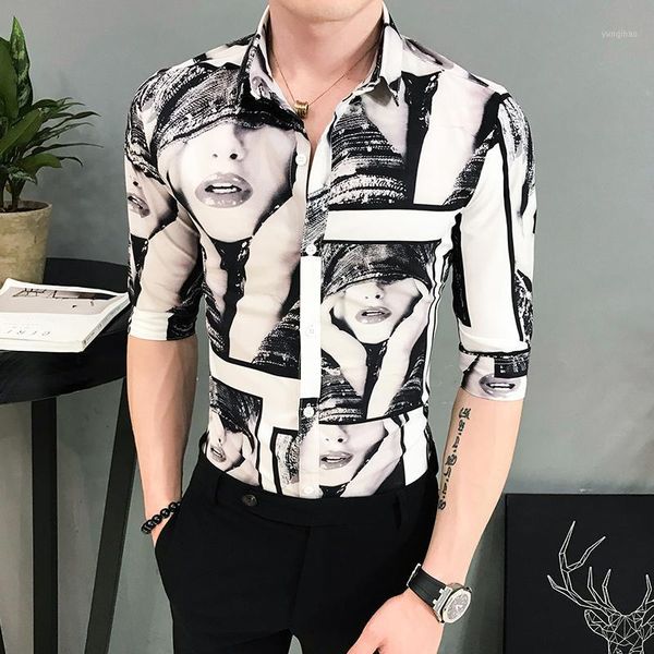 

gzdeerax half sleeve mens shirts luxury beautiful printing casual mens dress shirts fashion summer slim fit male1, White;black