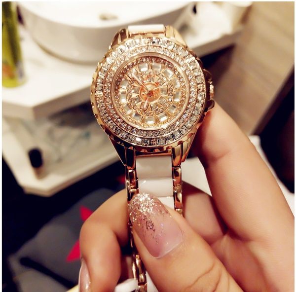 

womens watch rhinestone fashion high-end ceramic strap womens watch with rhinestones all-match full diamond waterproof watch fashion design, Slivery;brown