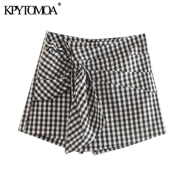 

kpytomoa women 2020 chic fashion tied detail plaid shorts vintage high waist side zipper female short pants pantalones mujer, White;black