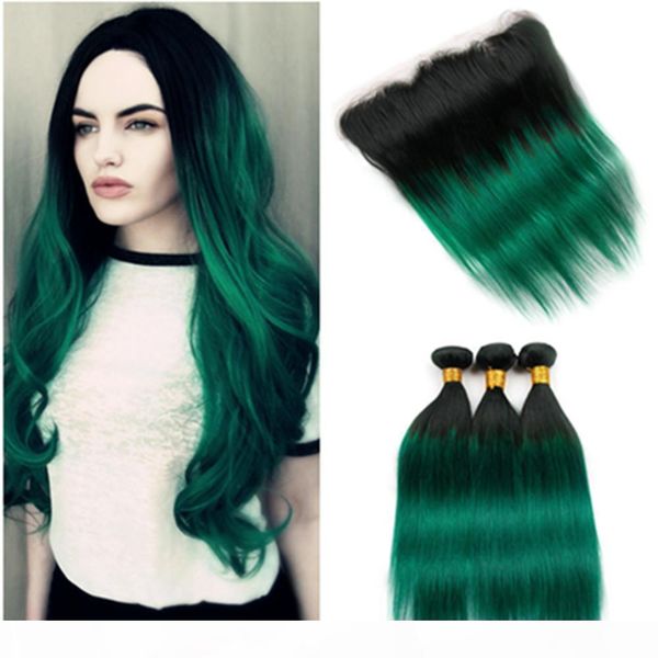 

dark green ombre malaysian virgin hair 3bundles with frontal #1b green ombre human hair lace frontal closure 13x4 ear to ear with weaves, Black;brown