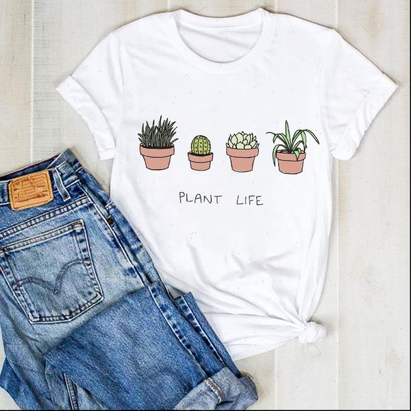 

women lady plant summer short sleeve cactus print ladies t tee tshirt womens female shirt clothes graphic clothing t shirt, White