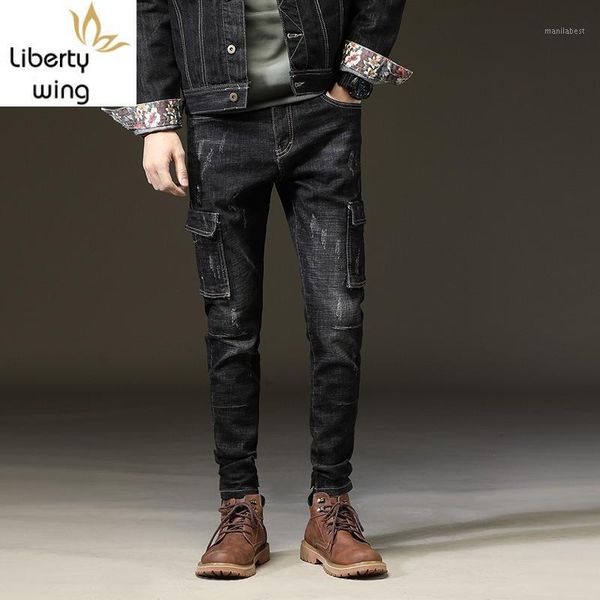 

autumn new multi pockets mens hip hop denim pencil pants scratched stretchy male full length casual skinny jeans trousers1, Blue