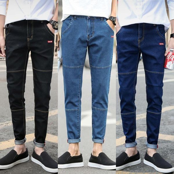 

men's jeans men ripped skinny biker 2021 spring high waist patchwork blue black ankle length denim pants plus size1