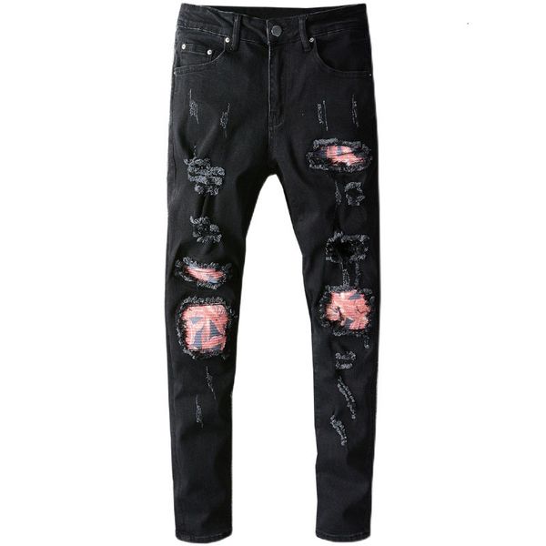 

2021 new men's male fashion brand black knife cut hole patch high street jeans men stretch slim denim pants trousers 662 e154, Blue