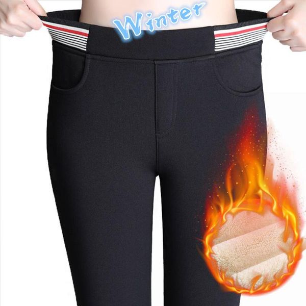 

outdoor pants women winter plus velvet thick warm trousers high waist elastic lady stretch slim size 4xl tx402, Black;green