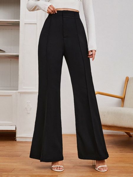 

solid zipper fly flare leg pants b4ae#, Black;white