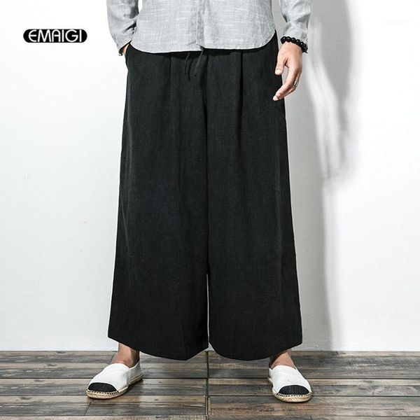 

cotton linen casual pant for men wide leg pants japan style kimono punk style male women fashion loose trousers skirt pant1, Black