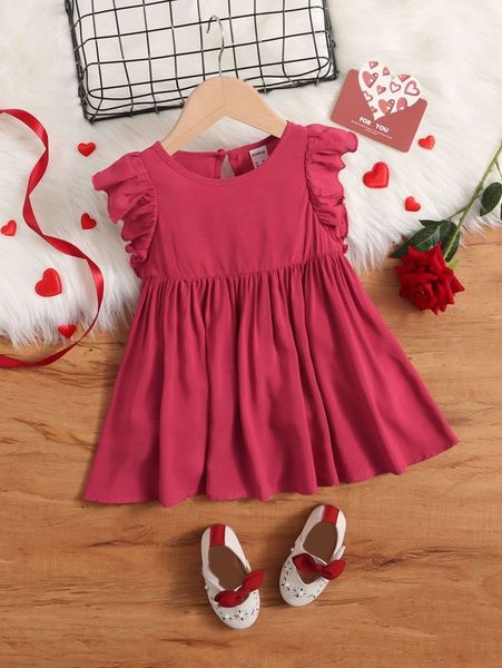

baby ruffle armhole solid dress she, Red;yellow