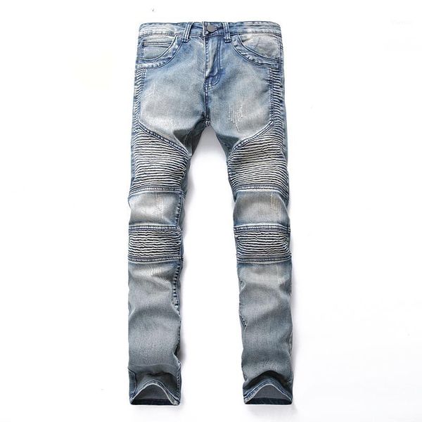 

light blue denim trousers destroyed jeans long male dropshipping men jeans pants pleated slim motorcycle pants full length1