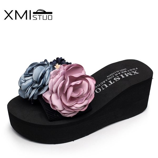 

xmistuo hand-made beautiful flowers new women's slippers with elastic belt flip-flops sandals slippers casual wear beach shoes x1020, Black