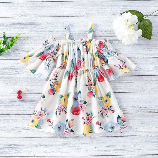 

2021 new summer baby girls dress sling floral shoulderless defined waist princess dress kids clothes e602, Red;yellow