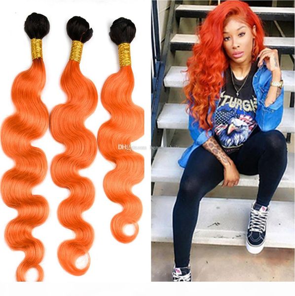 

dark roots ombre orange human hair extensions 3 bundles ombre 1b 350 orange human hair two tone body wave hair weft, Black
