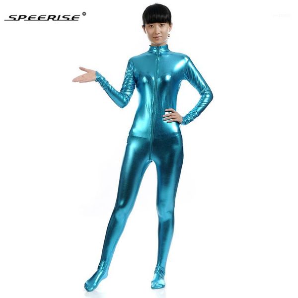 

speerise women shiny metallic catsuit spandex headless cosplay zentai suits full body skin suit turtle neck unitard costume1, Black;red