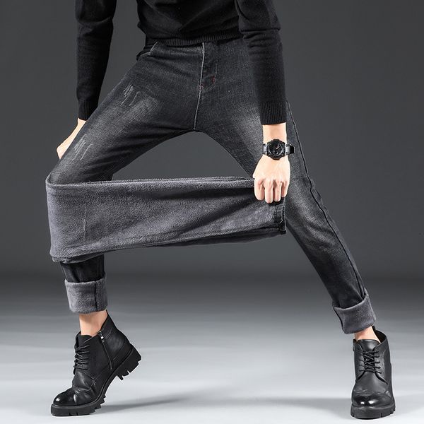 

new men's plush casual jeans in winter of 2019, Blue