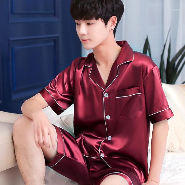 

x summer burgundy pcs shirt&shorts satin pajamas suit men home clothes intimate lingerie negligee lounge nightwear oversized 3xl1, Black;brown