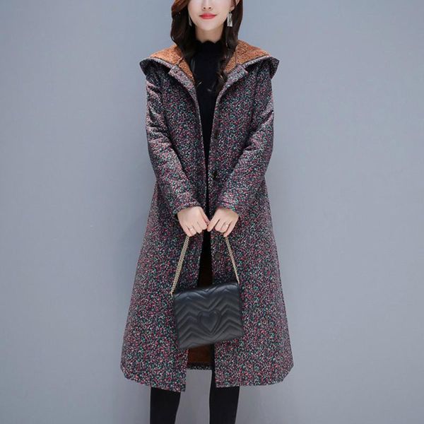 

ladies winter casual retro floral print long sleeve plus velvet thick cotton and linen plus size long hooded jacket d27#, Black