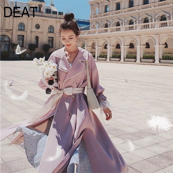 

[deat] new autumn fashion trench coat women's mesh dot patchwork cuff lacing slim waist long length retro high street am989 201031, Tan;black