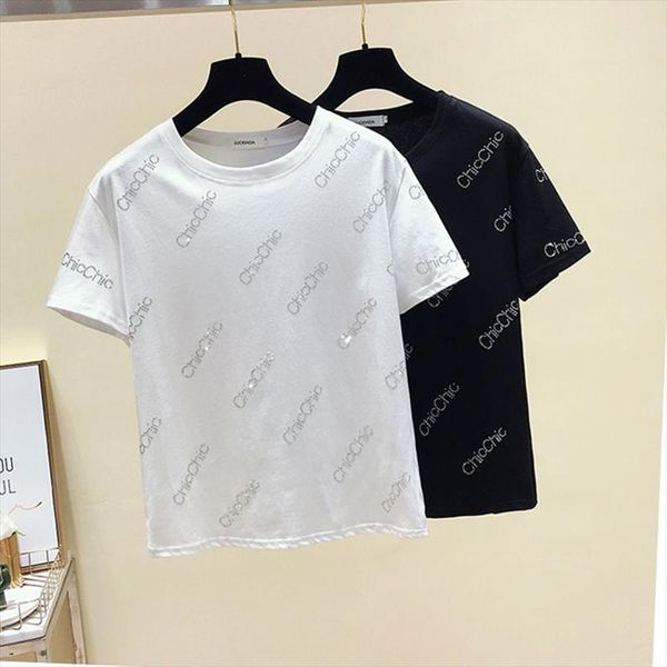

letters diamond t shirts women 2020 korean summer cotton o neck short sleeve tshirts white black women tees harajuku