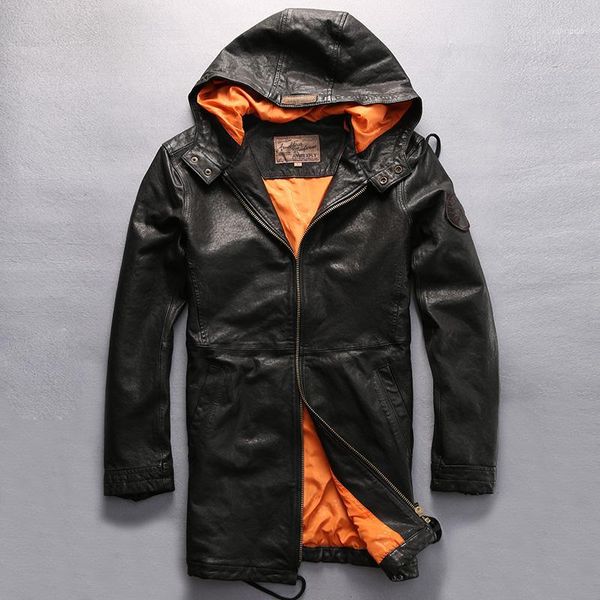 

black long fashion new hooded arrivals sping hood genuin leather coat for men causal jacket1