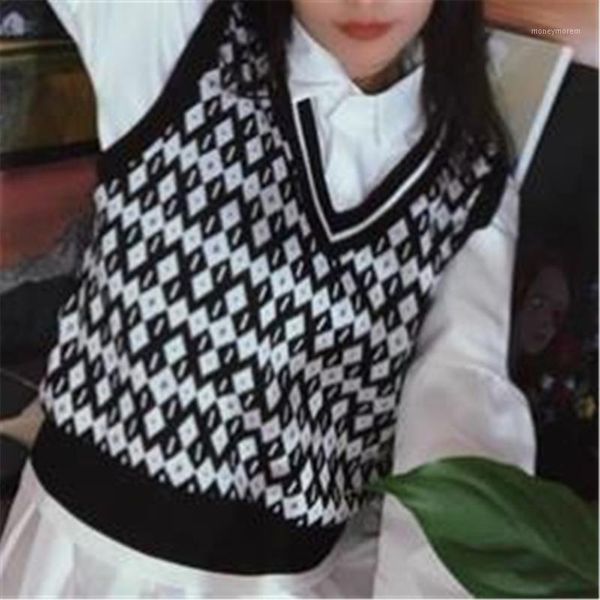 

fall vests womens streetwear geometric pullover v-neck school students harajuku vintage knit elastic trendy sleeveless sweaters1, White