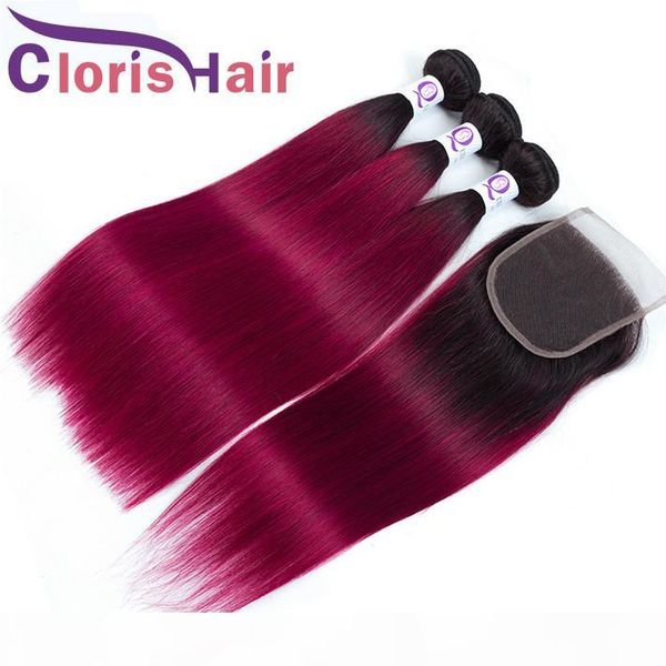 

burgundy ombre straight lace closure with 3 bundles malaysian virgin red colored weaves closure 4x4 closures and human hair extensions, Black;brown