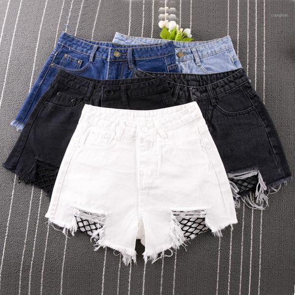 

unioncode fishnet mesh denim shorts women high waist frayed hem summer shorts 2020 ripped plus size s-3xl1, White;black