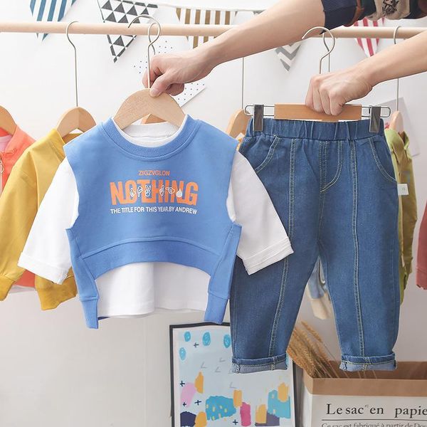 

2020 new autumn toddler boys clothes 3pcs long sleeve t shirt+vest+jeans spring kids baby sets fashion boutique boys suits1, White