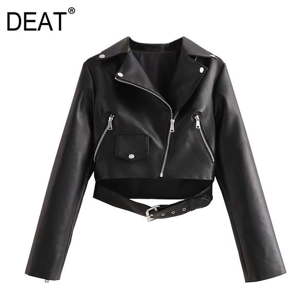 

women's leather & faux [deat] 2021 spring autumn fashion tide long sleeve turn-down collar solid color locomotive pu coat 13w267, Black