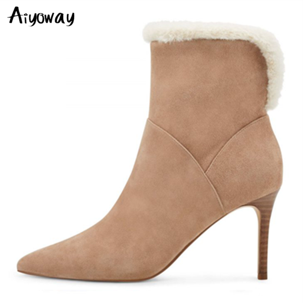 

boots aiyoway autumn winter faux suede ankle women super high heel pointed toe side zipper warm party shoes big size 34-45, Black