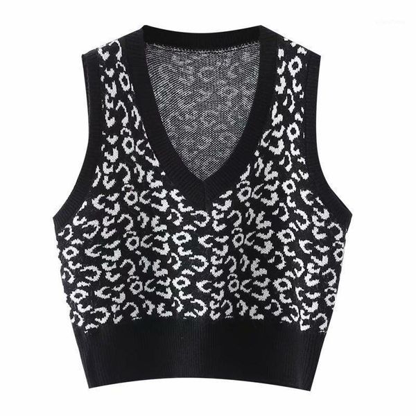

2020 european style women leopard sweater vest leopard knitwear pull sweaters v neck knit wear chic girls harajuku 1, Black;white