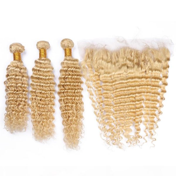 

#613 blonde brazilian virgin human hair wefts 3 bundles with full frontal deep wave blonde 13x4 lace frontal closure with weaves, Black;brown