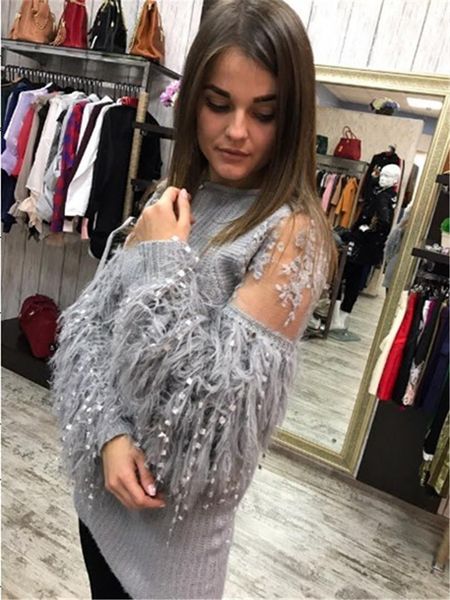 

long embroidery lace tassel sleeve sweater women autumn jumpers pull femme knitted pullovers drop shipping high quality, White;black