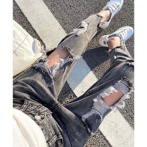 

2020 new spring autumn plus size women fashion casual denim pants female ripped jeans light ankle-length mid trousers l2621, Blue