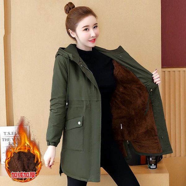 

mid-length windbreaker for women 2021 autumn winter new casual thicken parkas jacket female fus fleece cotton padded coat h166, Tan;black