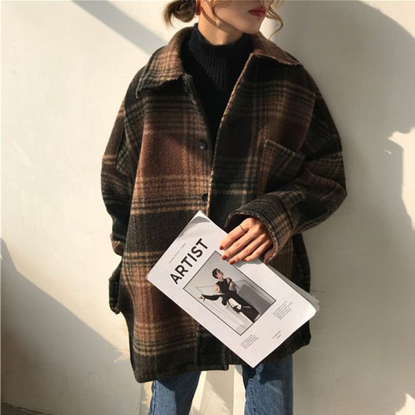

2021 new vintage plaid coat winter turn-down collar jacket office blazer cloth women's woollen coats warm outerwear p5qx, Black