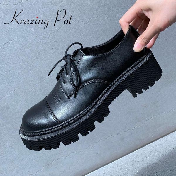 

krazing pot genuine leather round toe med heel brand shoes young lady streetwear cross-tied basic women pumps l61, Black