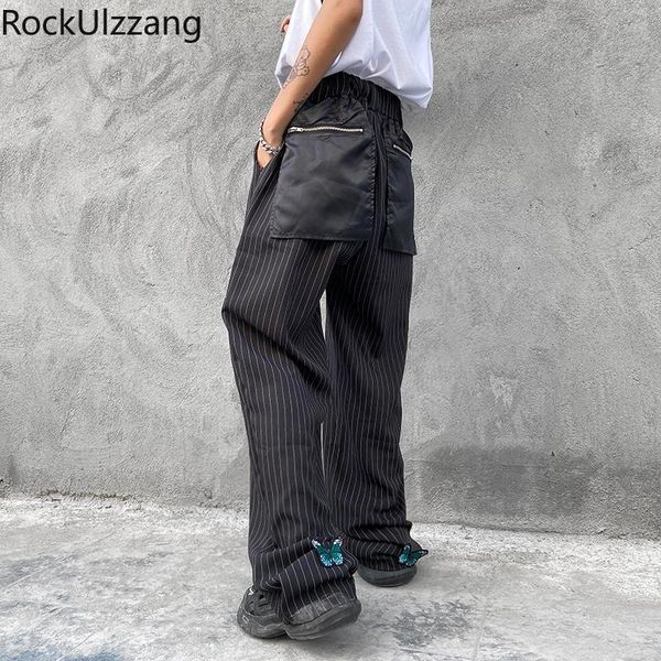 

men's pants patchwork zipper pocket embroidery butterfly stripe straight pant japanese street men fashion loose black korean elastic wa