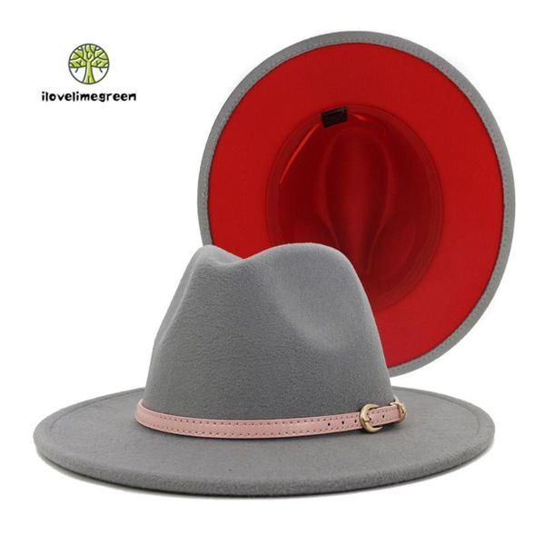 

new fashion fall winter jazz panama woolen fedora hat with leather blet wide brim women men hat  xl, Blue;gray