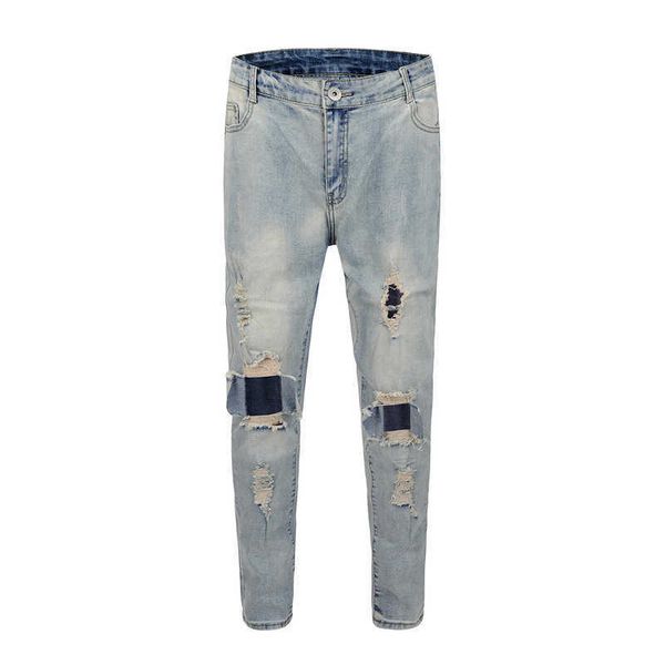

men's jeans washed, worn, damaged, zipper inside the upper body, slim fit, small feet, jeans, knees, cat whiskers, Blue