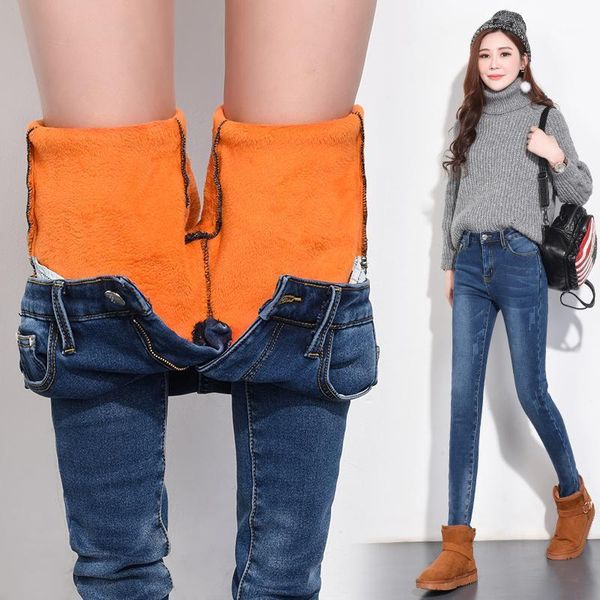 

winter warm add velvet women's jeans pants 2020 new slim stretch thickened slimming brushed skinny denim trousers1, Blue