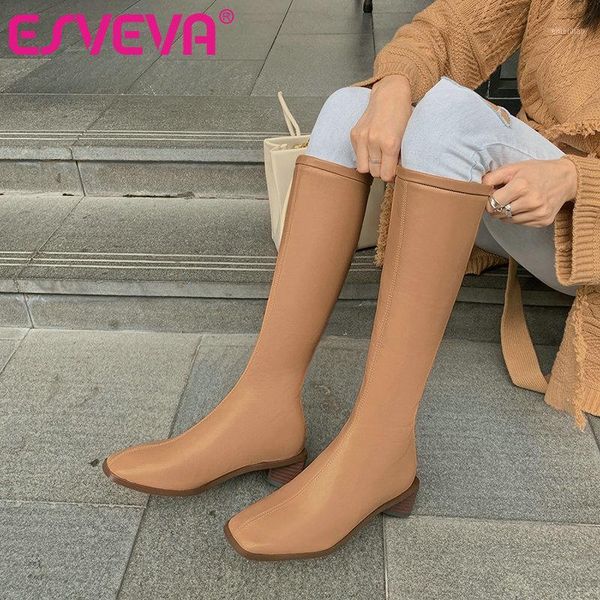 

esveva 2021 zipper square med heel pu leather knee high boots women boots shoes round toe fashion platform size 34-431, Black
