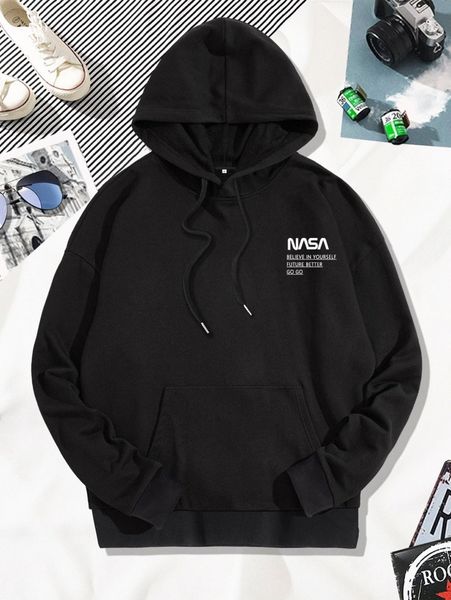 

men slogan graphic hooded sweatshirt 28v8#, Black