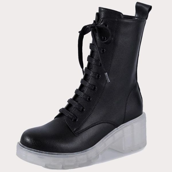 

boots gigifox genuine leather clear sole shoelaces chunky heels cow skin fashion female shoes women, Black