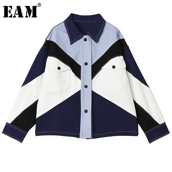 

[eam] loose fit contrast color split big size denim jacket new lapel long sleeve women coat fashion tide spring 1s255 201106, Black;brown