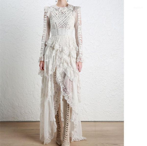 

casual dresses [] 2021 full sleeve bandage round neck hollow white dress embroidery lace patchwork women autumn clothes q3571, Black;gray